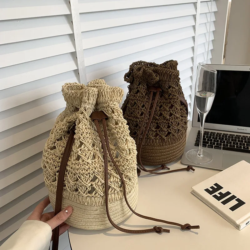 Handmade Women's Summer Straw Beach Shoulder Bag Woven Hollow Drawstring Shoulder Bags Knitted Fashion Female Design Travel Tote