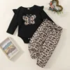 Baby girl baby fashionable and cute butterfly embroidered long sleeved triangle jumpsuit and leopard print pants set for autumn