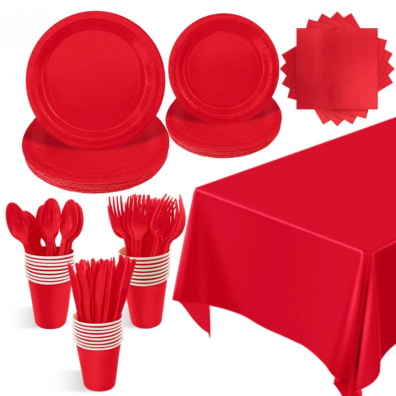 Solid Red Theme Birthday Super Girls Decorations Party Disposable Tableware Paper Napkins Cups Plates Tablecloths Straw