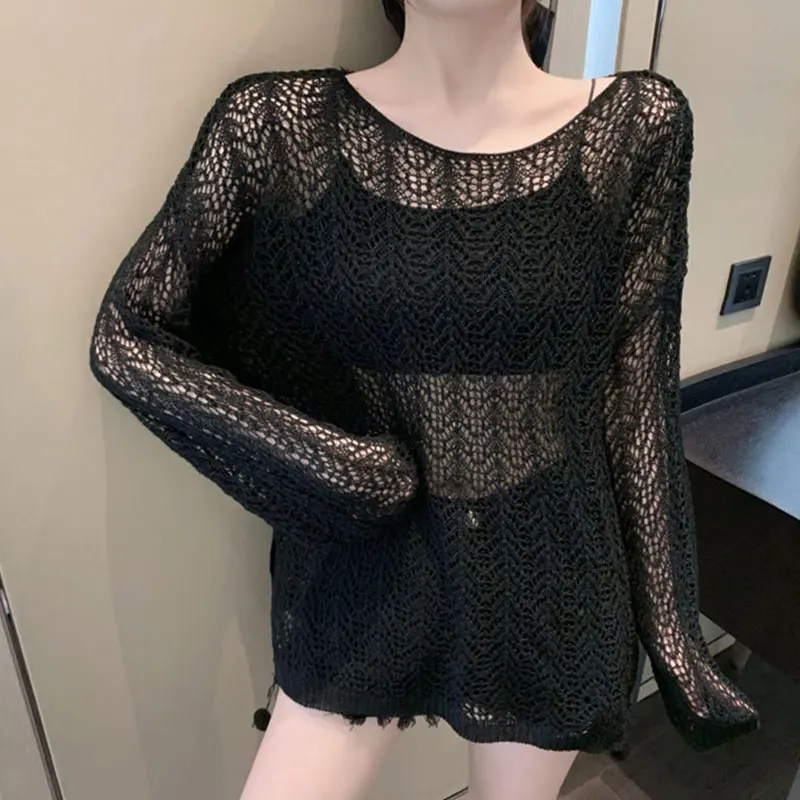 

Women Summer Fashion Hollow Out Solid Color Simplicity O-neck Long Sleeve Knitwear Women Clothes Casual Loose Fashionable Tops