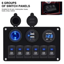 

Marine Boat Rocker Switch Panel 6 Gang with Dual USB Socket Digital Voltmeter Cigarette Lighter LED Light For Car Marine Boat