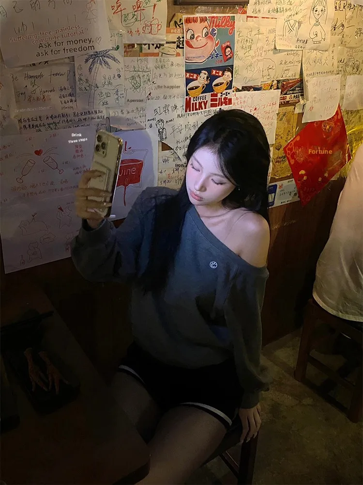 ay Long Sve oulder Bared Sweater Women's Loose Lazy Top Korean Sle Casual Comfortable Cotton Inner Liner Autumn New ...