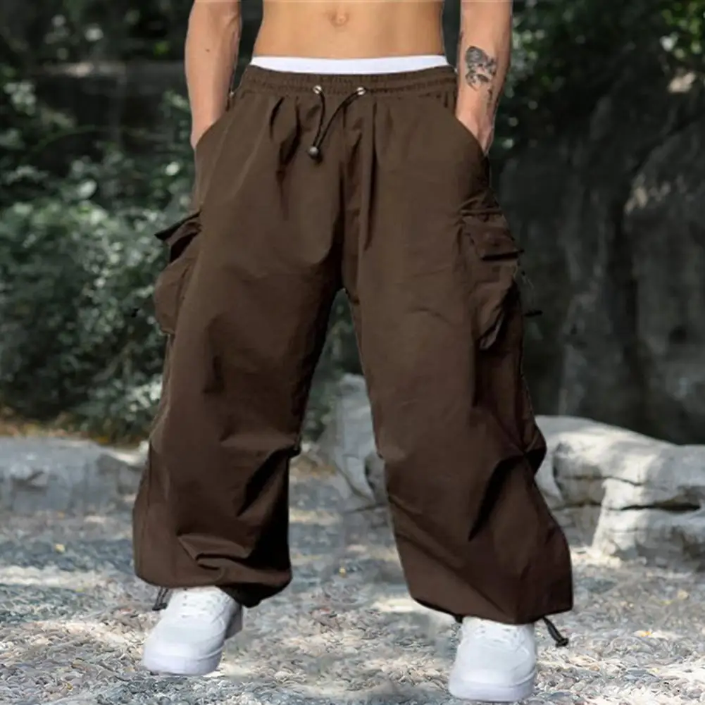 

Men Long Pants High Street Men's Cargo Pants with Drawstring Waist Deep Crotch Multi Pockets for Comfortable Stylish Wear Solid