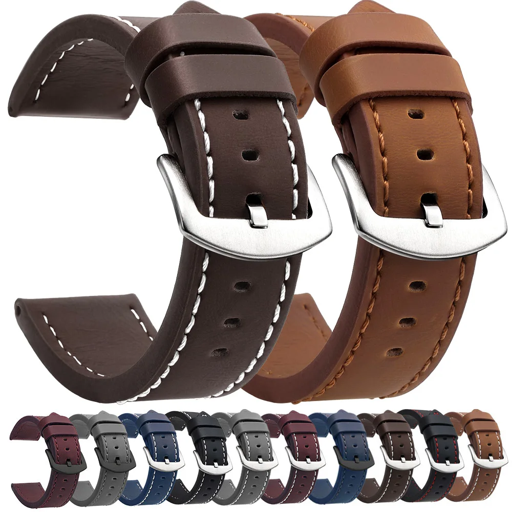 Vintage Leather Sport Watch Band with Stainless Steel Buckle