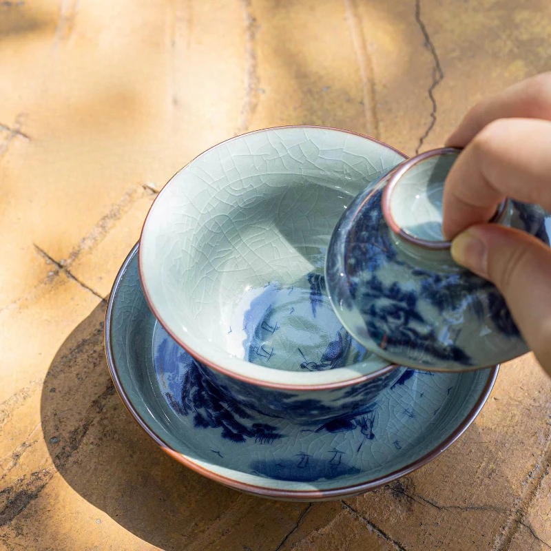 Ceramic Covered Bowl Chinese Style Tea Bowl Ice Cracked Glaze Pattern Tea Set Accessories Kitchen Bar Supplies Household Set
