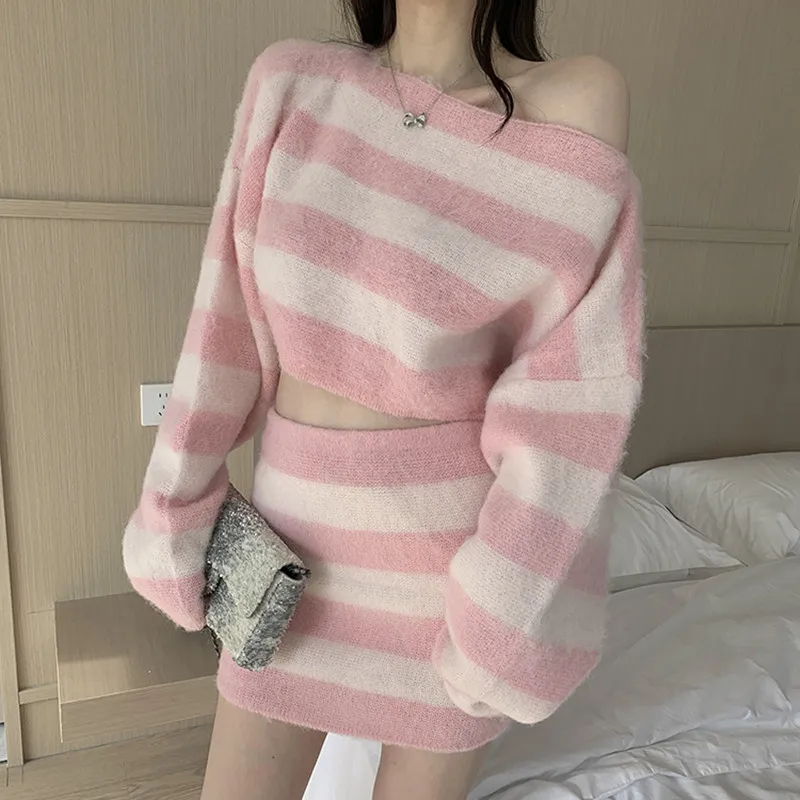 Autumn Striped Two-piece Skirt Set Women Long Sleeve Cropped Off Shoulder Top Bodycon Mini Skirt Korean Fashion Suits New