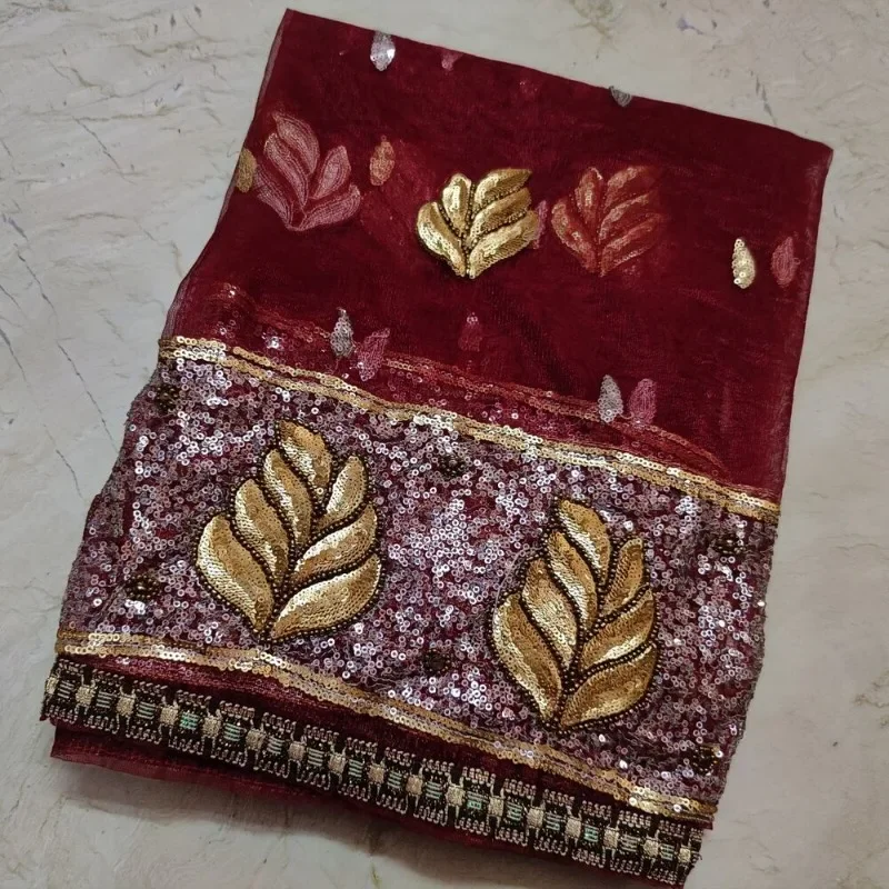 

India Vintage Wedding Dupatta Scarf Floral Hand Embroidery Tissue Net Veil