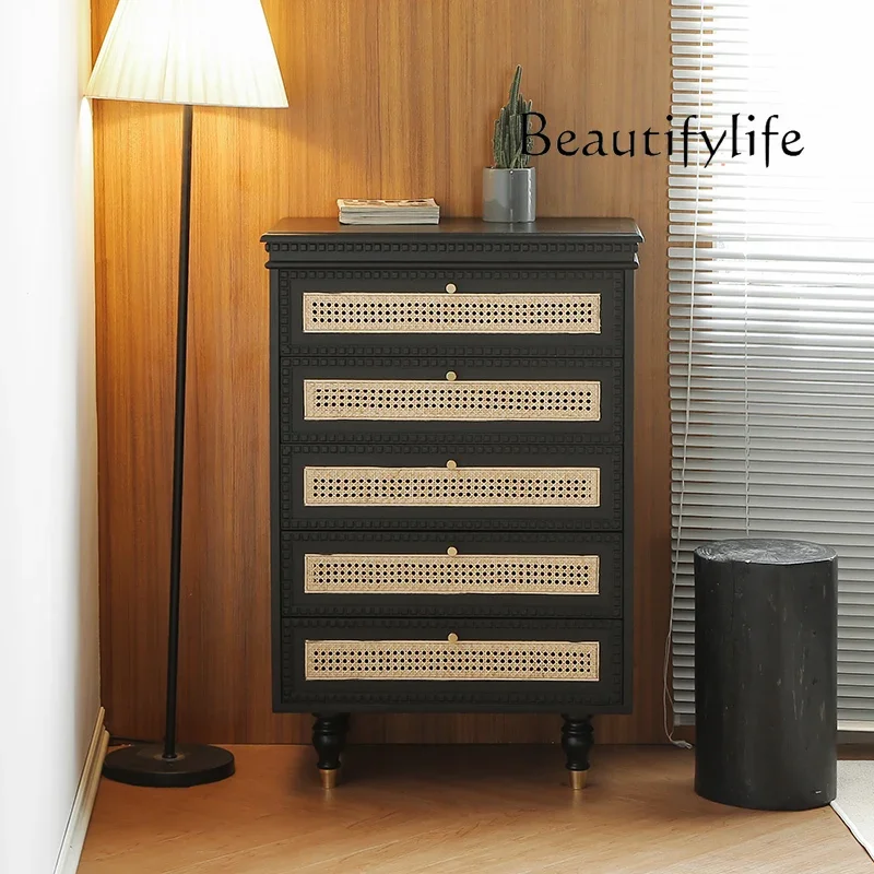 

American Modern Solid Wood Chest of Drawers Household Minimalist Rattan Cabinet