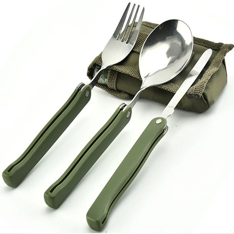 

3-piece outdoor tableware set camping cooking supplies stainless steel spoon folding pocket set household picnic hiking tools
