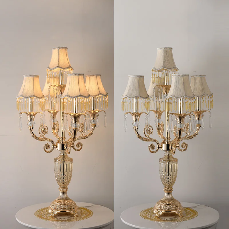 

Italy Vintage Gold crystal Table Lamp bedroom Lights lighting Restaurant Led candlestick E14 cloth shade reading desk lamps