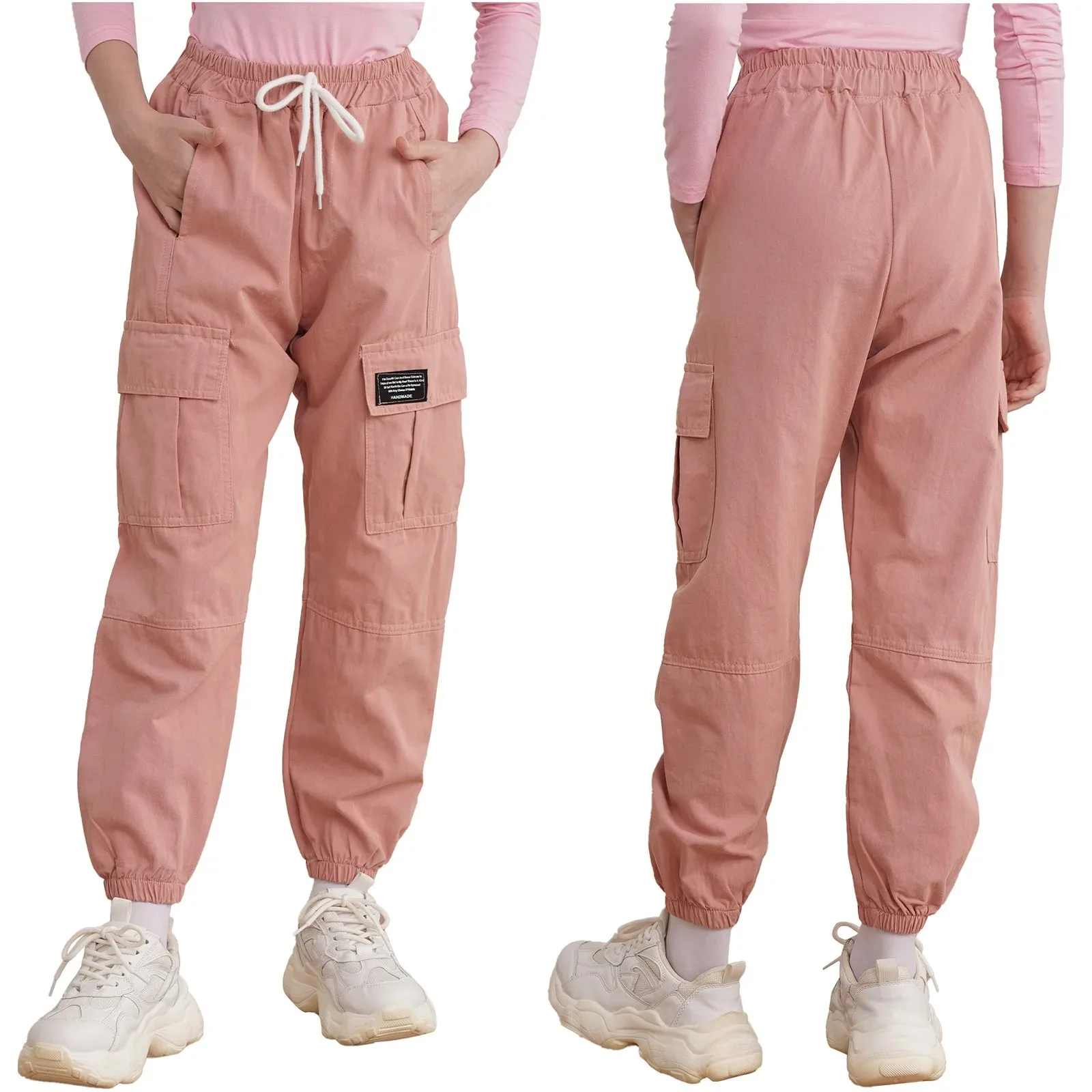 Kids Girls Cotton Cargo Pants 2023 Spring Autumn Fashion Casual Pure Color Elastic Waistband Drawstring 4 Pockets Pants Trousers