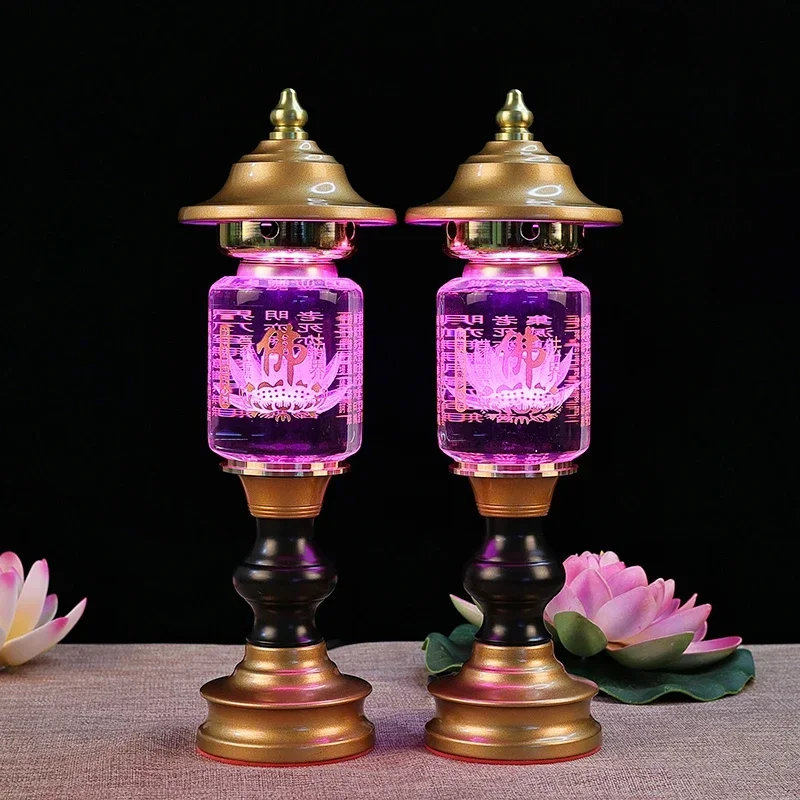 Fotai Changming Lamp, Household LED Crystal Lotus Lamp, Heart Sutra Buddha Offering Lamp, Prayer, Feng Shui, Buddha Utensils