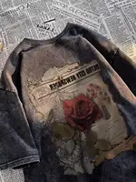 Aesthetic Romantic Rose Vintage Print Plus Size T-shirts American Streetwear Washed Cotton Big Size Tops 2024 New Summer Tee Y2k