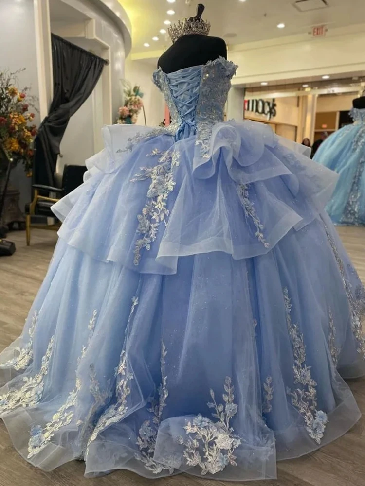 

Real Picture Saudi Arabic Sky Blue Quinceanera Dresses V Neck Lace Applique Tiered Ball Skirt Prom Party Gown Vestido 15 16 Anos