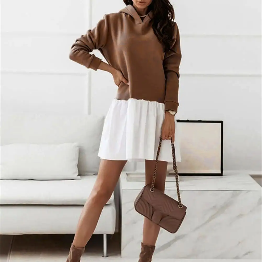 

Winter Mini Dress Patchwork Hoodie Skirt Mini Dress Color Matching A-line Pleated Loose Soft Thick Long Sleeve Women's Dress