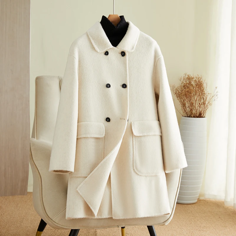 

Doll neck double-sided zero cashmere coat for women's mid length 2023 autumn/winter new Hepburn style small stature woolen coat