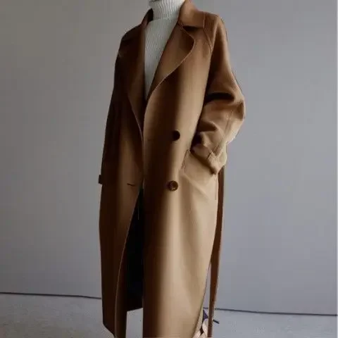Vintage Wool Blend Coat Women Autumn Winter Long Sleeve Lapel Long Jacket Female Korean Fashion Elegant Loose Oversized Overcoat