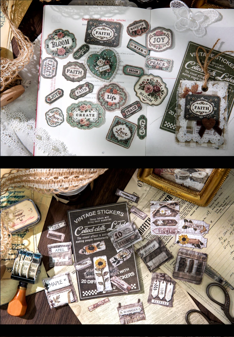 Journal GO 20 Stück Vintage-Stoffanhänger-Aufkleber, kreativer Retro-Stil, Aufkleber für Scrapbooking, Collage, Junk-Journal-Karte, DIY-Assets – Detail 11