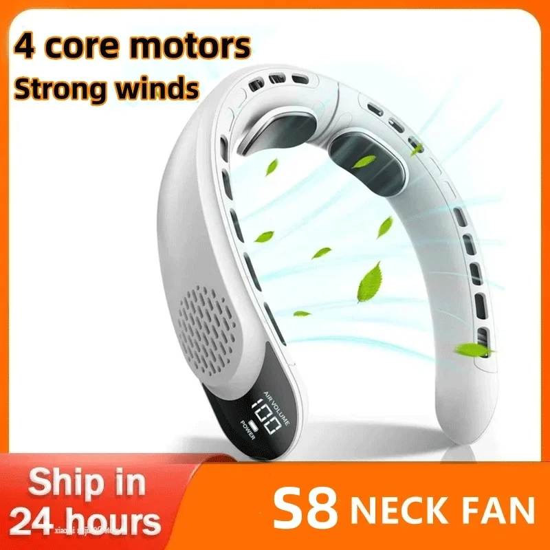 

S8 Neck Fan 4Turbo Foldable Neck Cooler 4000mAh Battery Bladeless Wind Fan 3 Speeds Type-C Rechargable Ventilador