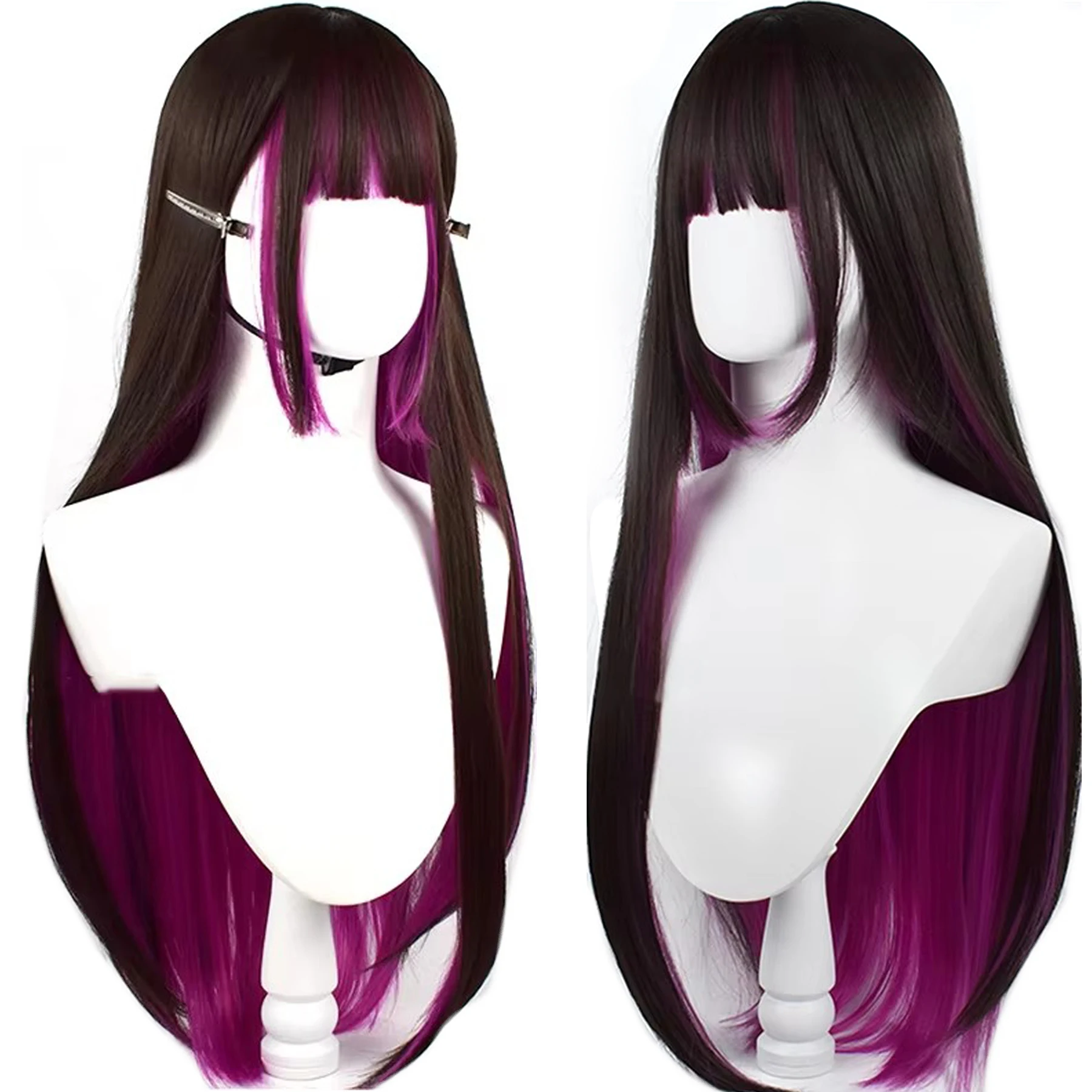 XIYUE Black And Rose Straight Hair Wig Synthetic Long Wavy Wigs with Bangs for Women Cosplay Natural High Temperature Fiber