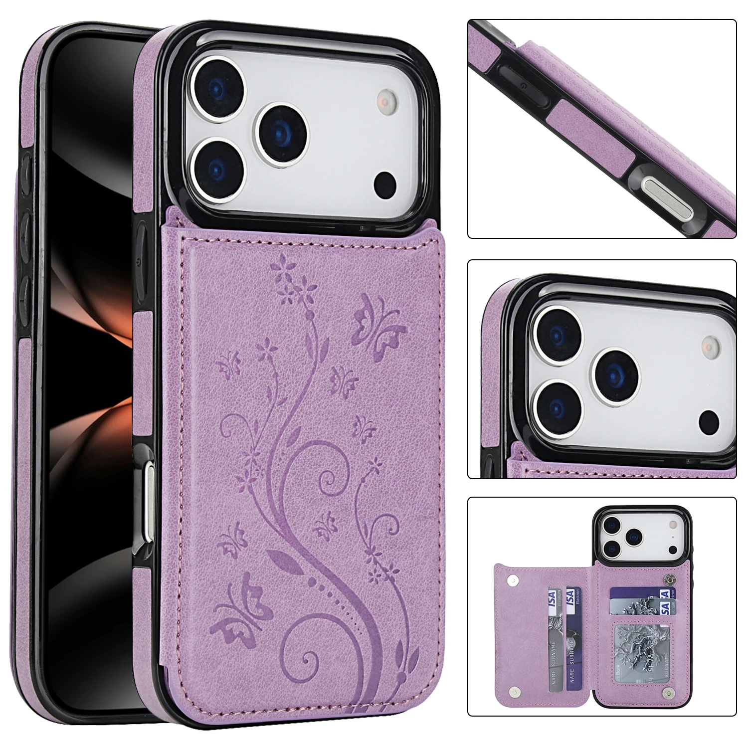 Elegant Butterfly Press Leather Wallet Case with Double Buckle Stand and Card Holder