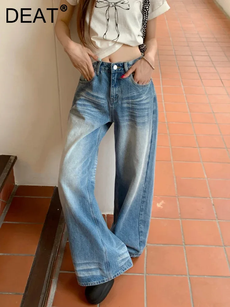 

Женские джинсы с завышенной талией DEAT, дизайнерские свободные брюки в полную длину с широкими штанинами и карманами в виде кошек-венчиков, 7AB4572, осень 2024