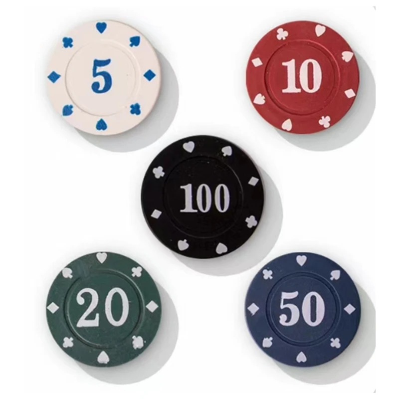 100 Pcs Plastic Game Coins Poker Chips with Storage Box Denominations Printed Casino Card Game