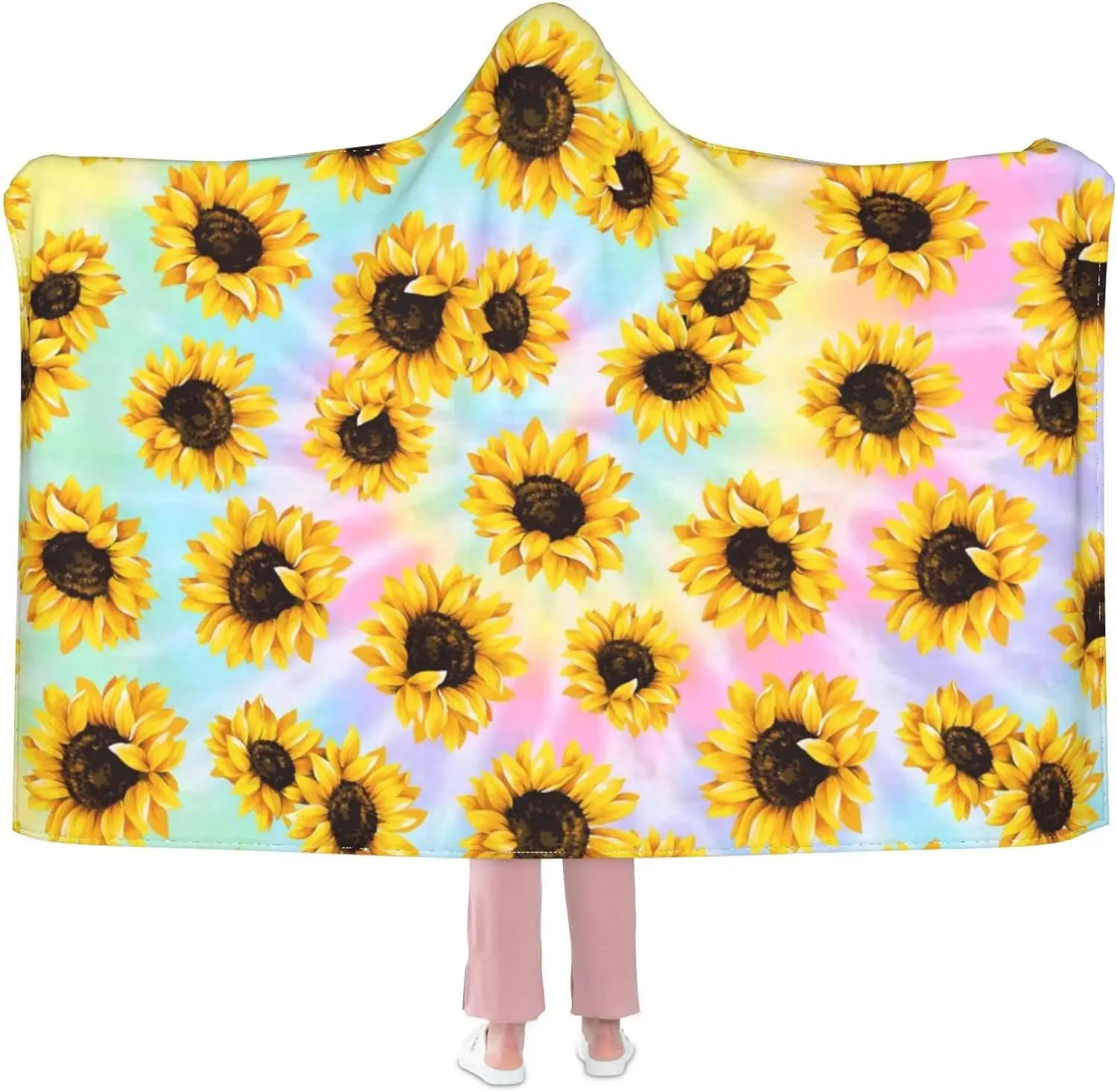 

Tie Dye Sunflower Hooded Blanket Anti-Pilling Flannel Wearable Blanket Hoodie-Plush Warm Blanket Throw Blankets Fit for Adults