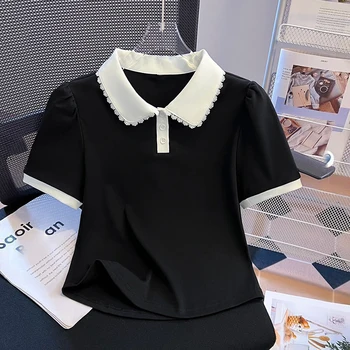 Women Peter Pan Collar Short Sleeve T Shirt Summer New Design False Two Piece Top Blouse 1
