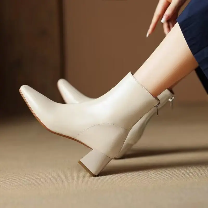 

Fashion Shoes Woman Autumn Boots High Heel Zipper Boots Women Ladies Ankle Leather Rubber Low 2023 Square Toe Rome Casual Basic