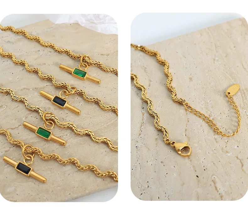 18k Gold Plated Stainless Steel Chain Green & Black Zircon Pendant Necklace