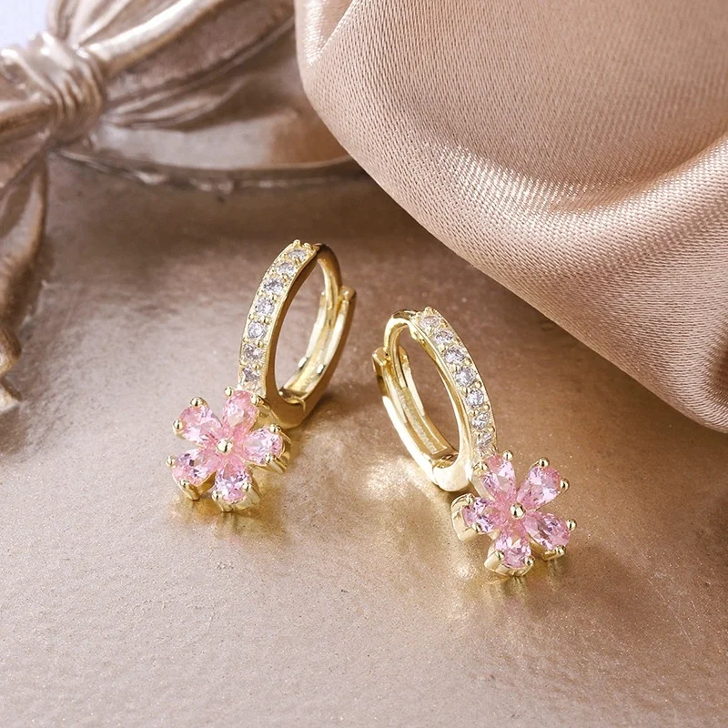 White Zircon Plumeria Pink Crystal Flower Hoop Earrings For Women Vintage Gold Color Ear Buckle Wedding Jewelry Valentines Gift