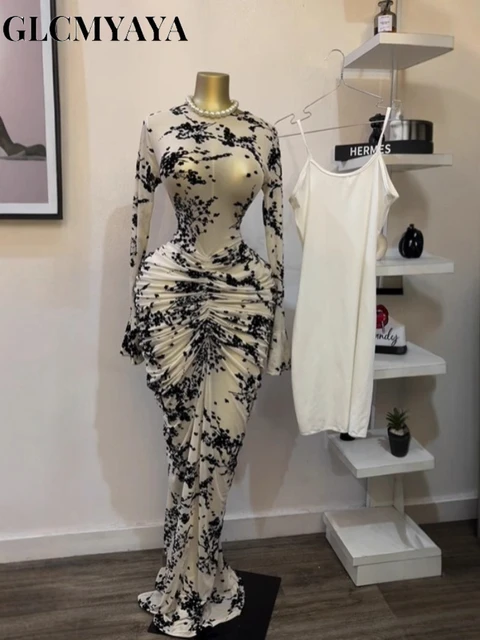 CM.YAYA Women Long Sleeve Stacked Mesh See Though with Lining Bodycon Long Dress 2025 Autumn Evening Birthday Sexy Party Dresses 1