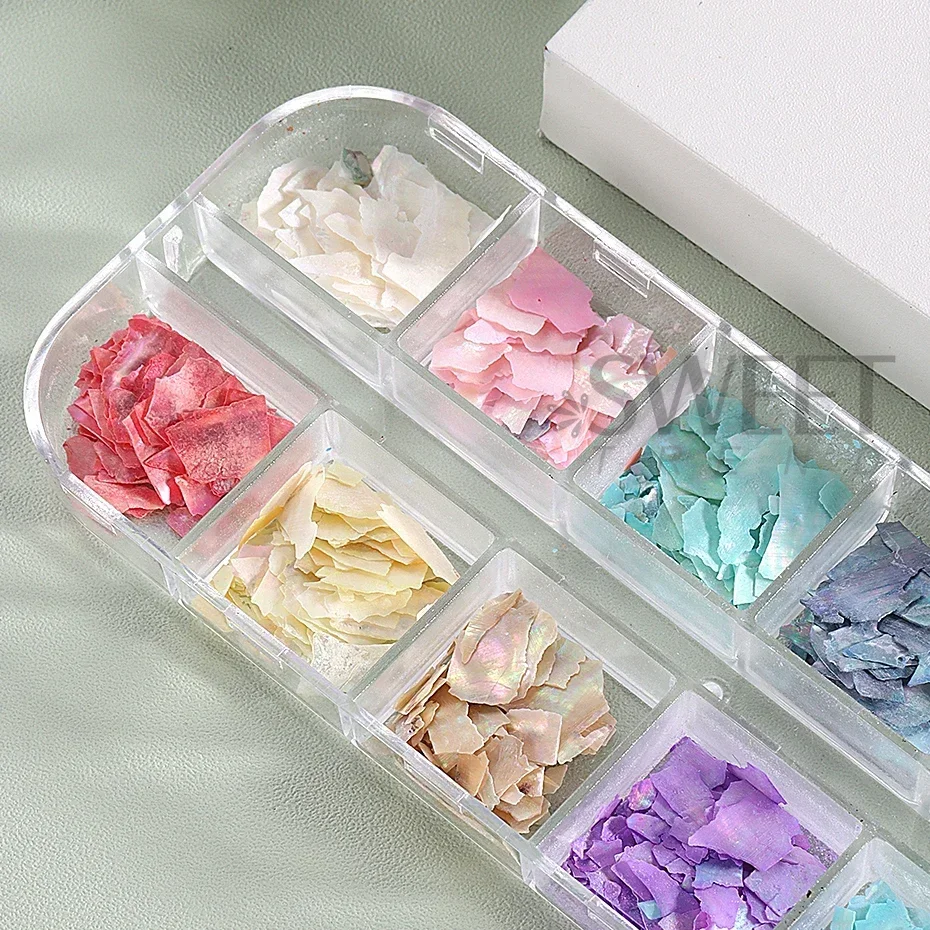 12 Grids Abalone Seashell Flakes Nail Sequin Holographic Irregular Broken Shell Slices Iridescent Mermaid Gel Polish Accessories