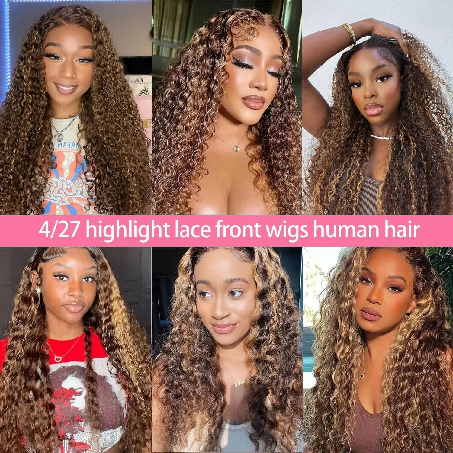 250% Density Highlight Human Hair Lace Front Wigs for Women Deep Wave 4/27 Ombre Colored Glueless Wigs Pre Plucked 26 Inch