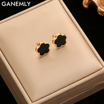 GANEMLY 316L Stainless Steel Black Five Leaf Clover Flower Stud Earrings For Women New Trendy Waterproof Ear Jewelry Girls Gift