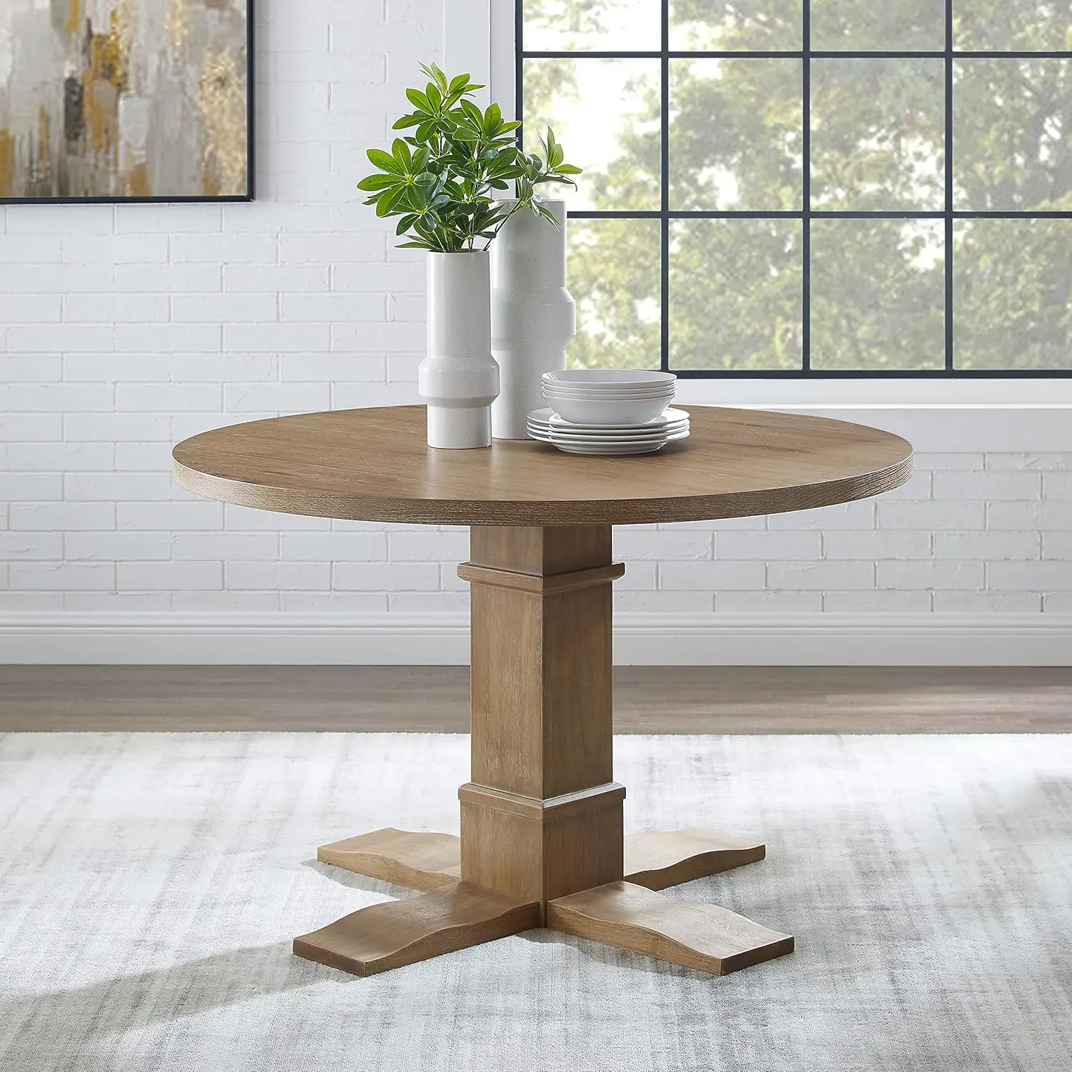 Joanna Modern Farmhouse Round Wood Dining Table, Rustic Brown
