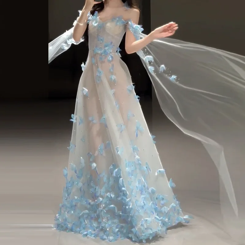 Super Fairy Fairy light blue A-line Evening Gown Dresses Fashion butterfly Wedding Dress Simple Photo Shoot Birthday Party Dress