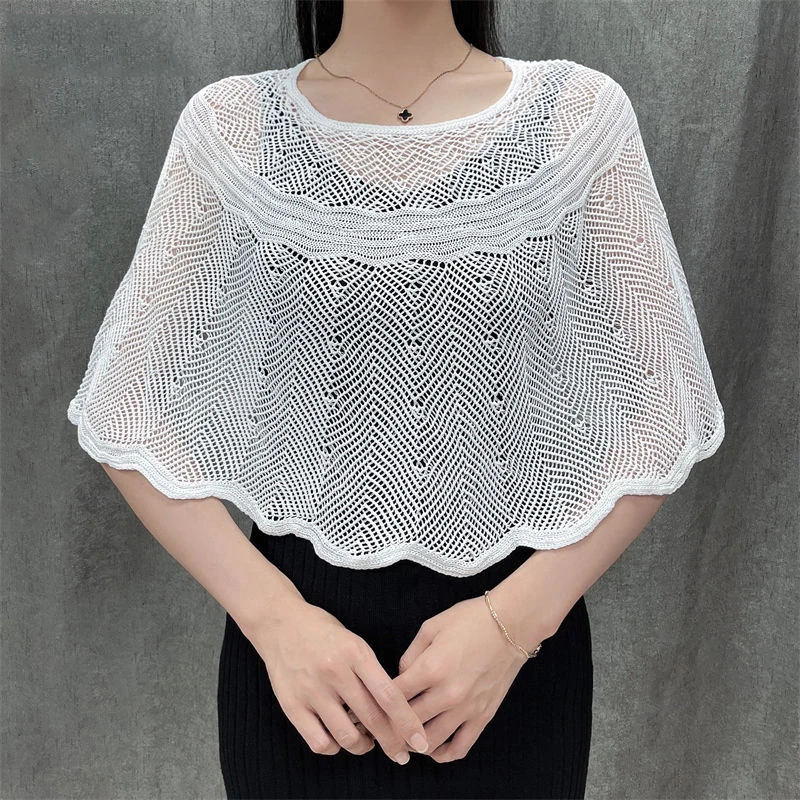S84074e7e8788477396a57f4bf0723cc2t Korean Ice Silk Hollow Knit Sunscreen Shawl Female Summer Air Conditioning Neck Protection Pullover Knit Blouse Women's Cape V35 Mallzona