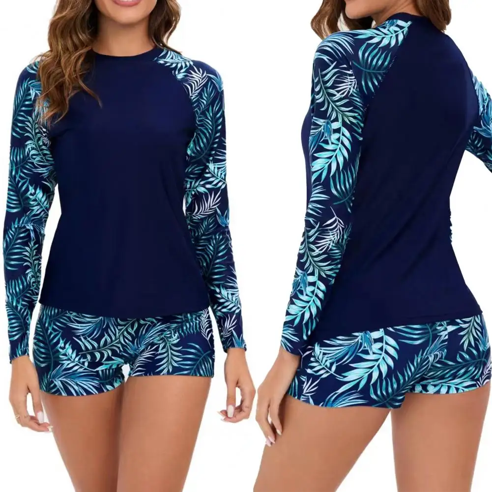

Women Two-piece Swimsuit Set Long-sleeve Swimsuit Swim Trunks Floral Print Women's Swimsuit Set with Round Neck Top for Surfing