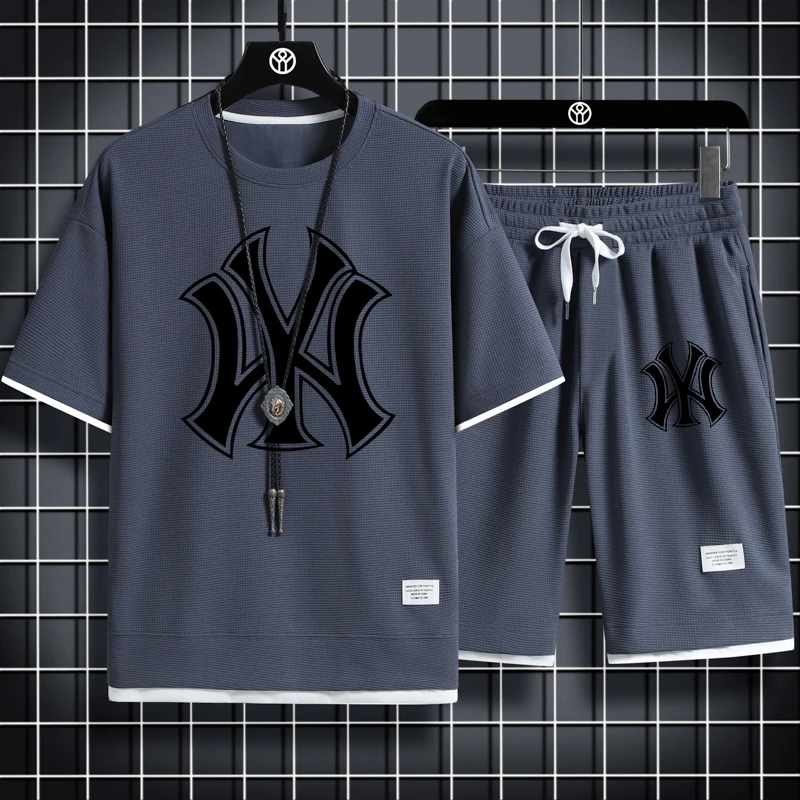 New Summer Fashion Men's Short Set Anime Bear Pattern Sportswear Trendy Sportswear Two piece Set Waffle Checker Unisex Clothing