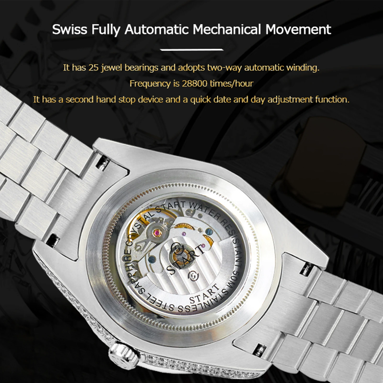 【start】men's watch swiss automatic mechanical movement diamond watch waterproof date week function golden watch 【START】Men's watch Swiss Automatic Mechanical Movement Diamond Watch Waterproof Date Week Function Golden watch 6