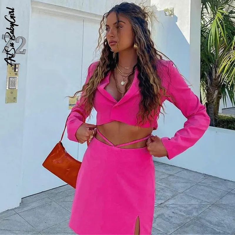 

Pink Blazer Suit Black Cropped Blazer High Waist Slit Mini Skirt Suits Two Piece Sets Summer Clothes High Street Y2K Outfits