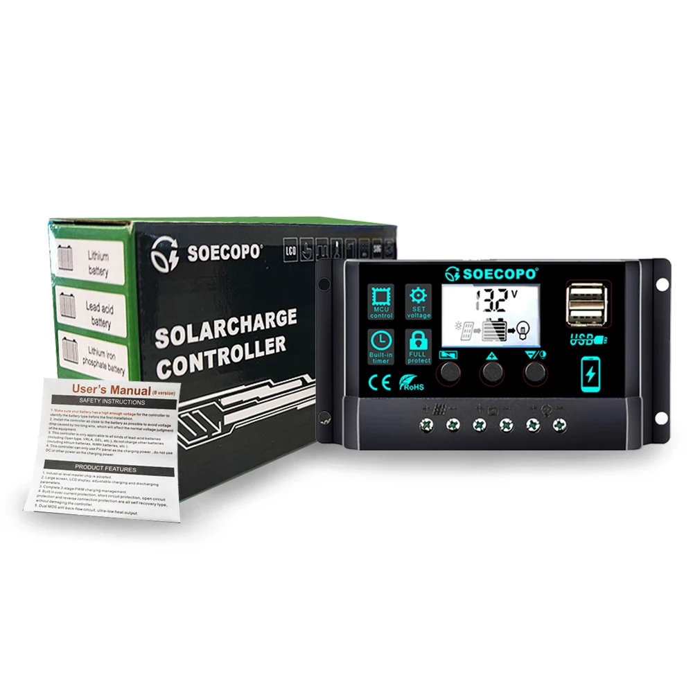 RV 보트 오프 그리드 시스템 용 과충전/단락 보호 기능이있는 12V/24V 100A 솔라 충전 컨트롤러 자동 스위치 LCD 디스플레이