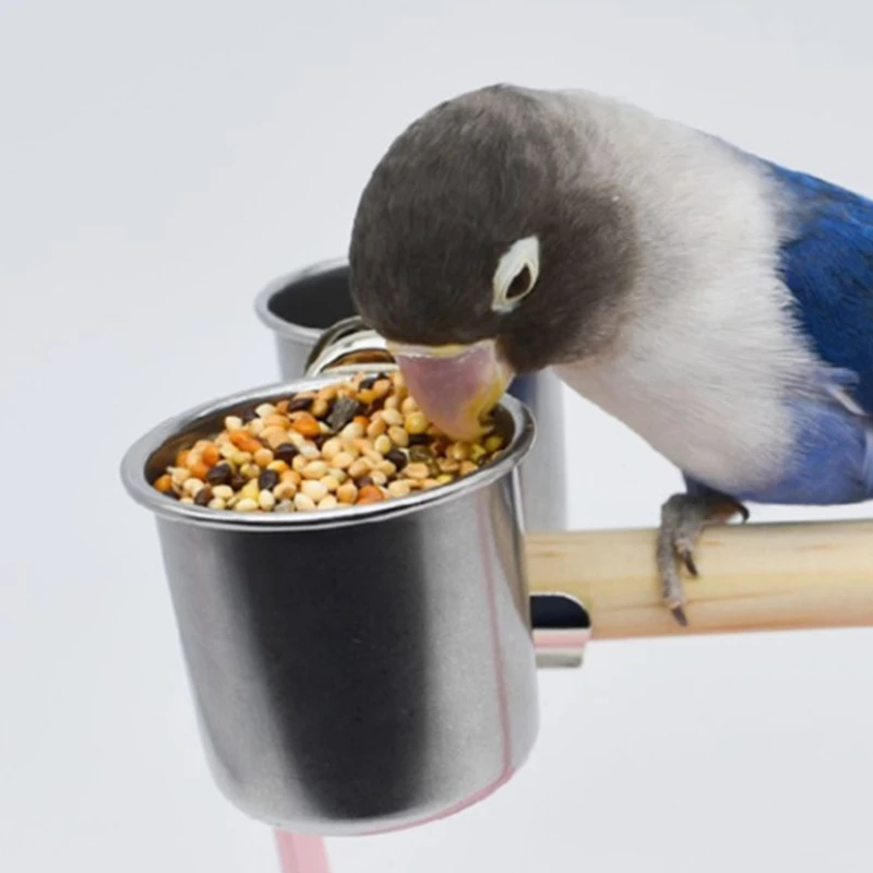 Food Water Feeding Bird Double Cups With Clip Stainless Steel Parrot Cage Stand Bird Drinking Cup for Feeding Food Water bird feeder parrot feeder