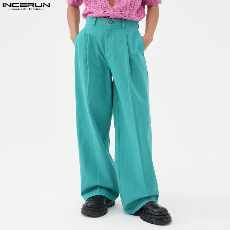 

INCERUN 2023 Korean Style New Men Trousers Casual Well Fitting Wide Leg Pants Streetwear Male Solid Straight Leg Pantalons S-5XL