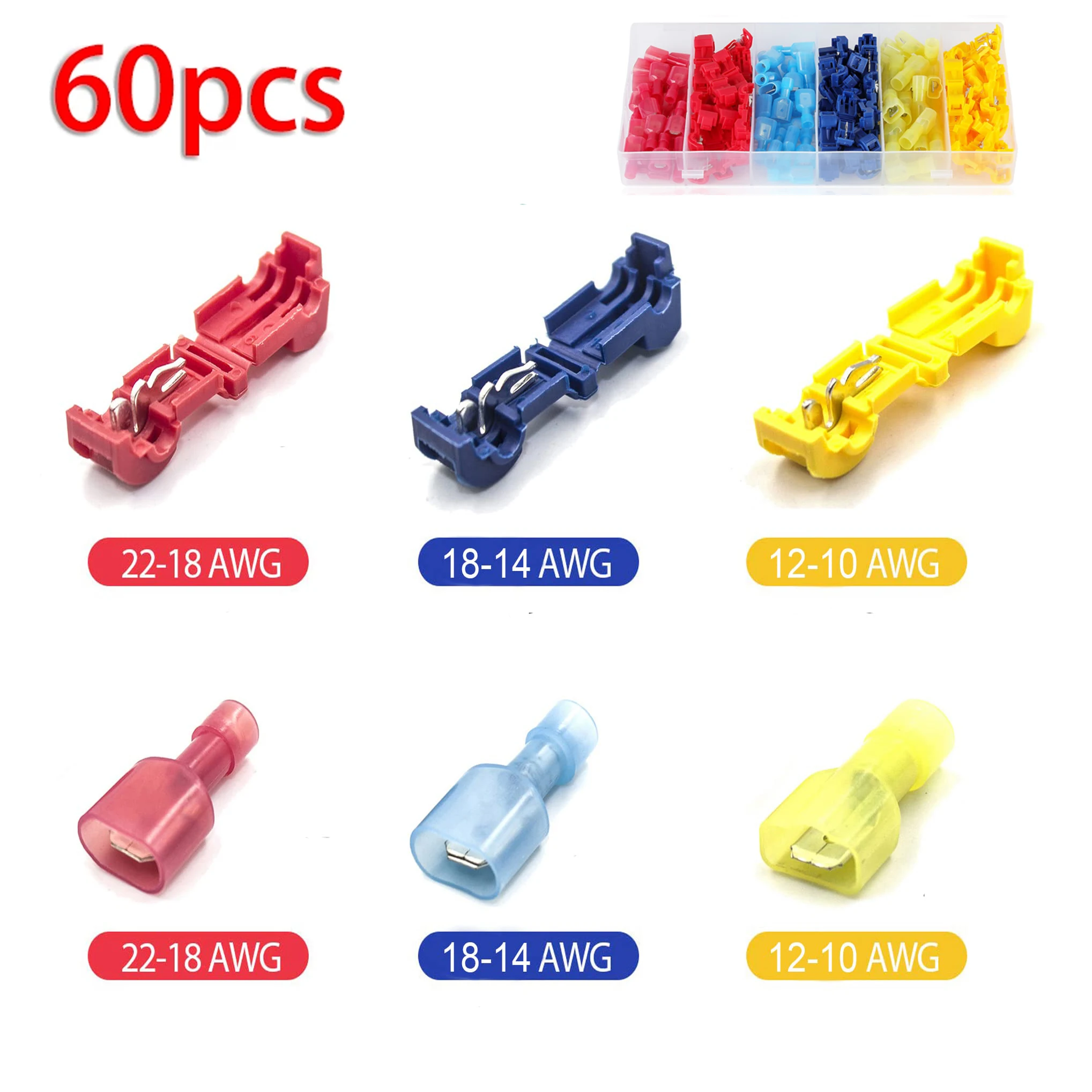 60Pcs T-Tap Connector Quick Electrical Cable Connector Snap Splice Lock Wire Terminal Crimp Wire Terminal Waterproof