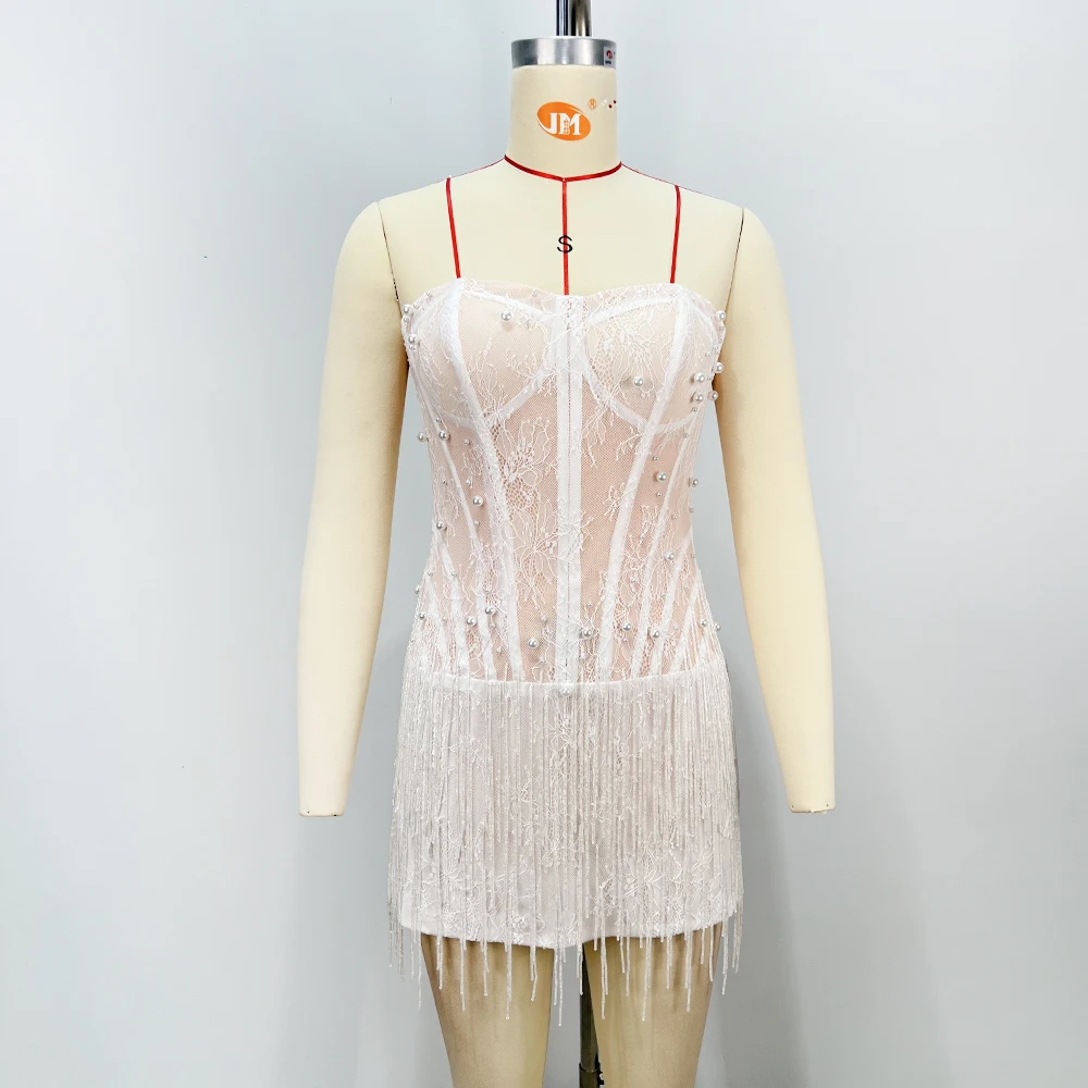VC Luxury White Strapless Corset Mini Dress for Women – Lace Sheer Bustier Bodycon Dress with Beaded Fringe Hem