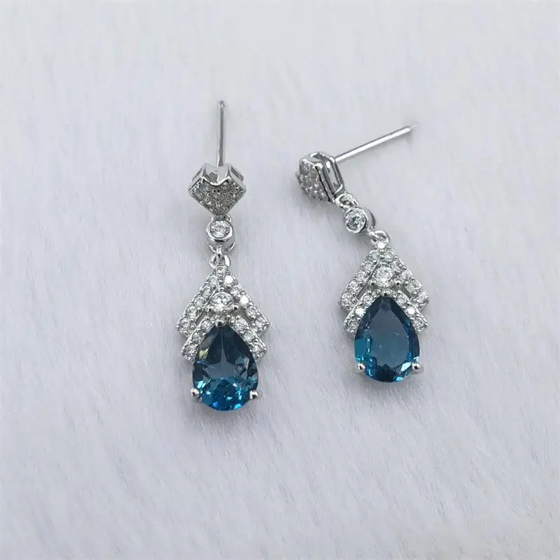 

Hottest Selling Earrings With Natural London Blue Topaz Gemstone 5*7mm Drop Earrings Jewelry For Woman Vintage Silver Earrings