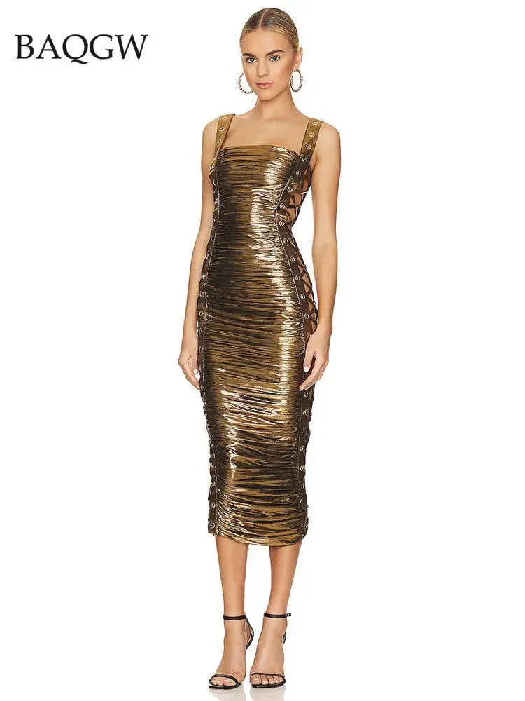 

Летнее женское сексуальное вязаное облегающее платье миди без рукавов с вырезами, элегантное вечернее роскошное платье знаменитости из искусственной кожи